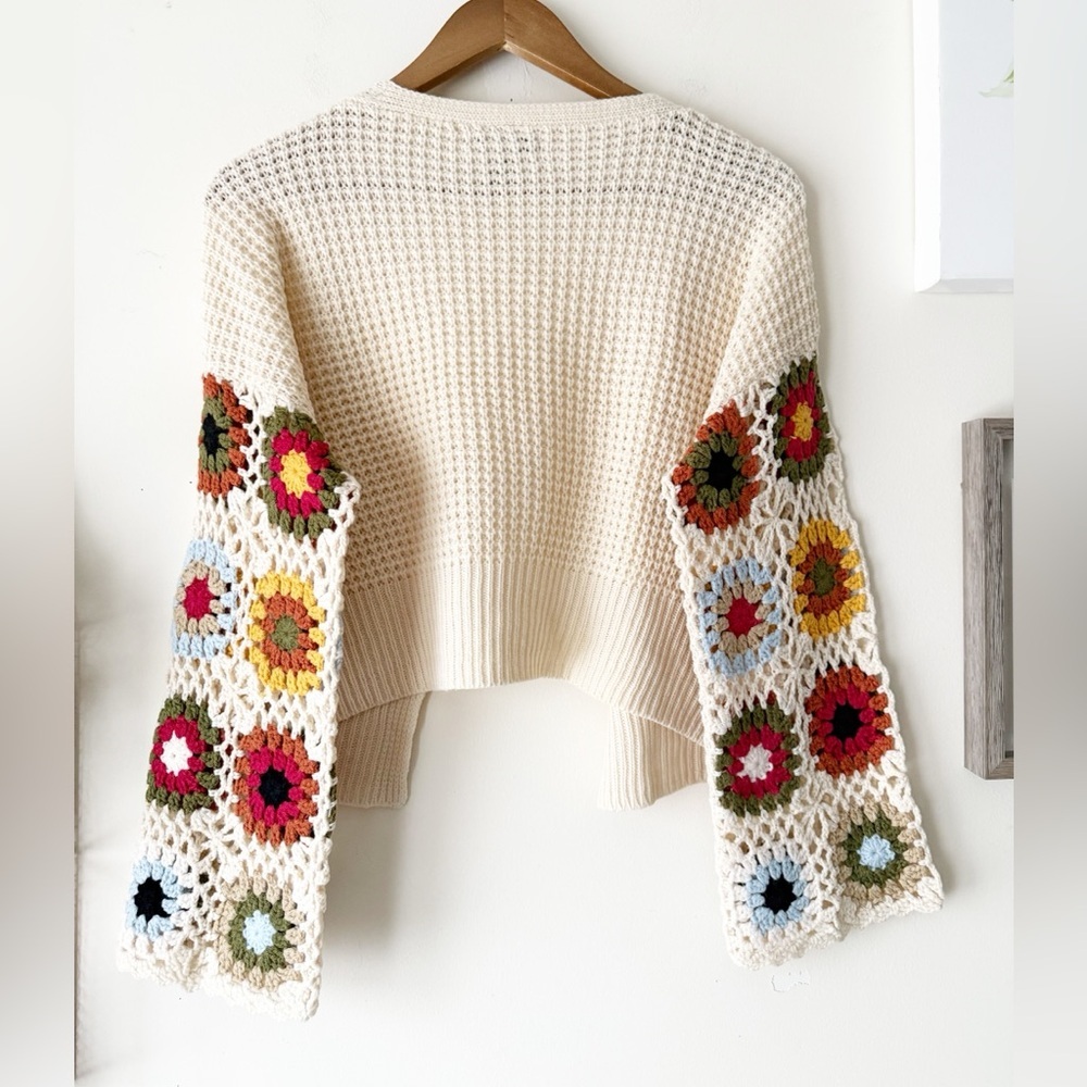 Boho Crochet Granny Square Sleeve Cardigan Cream Open Knit Sweater Size Small - Picture 10 of 16